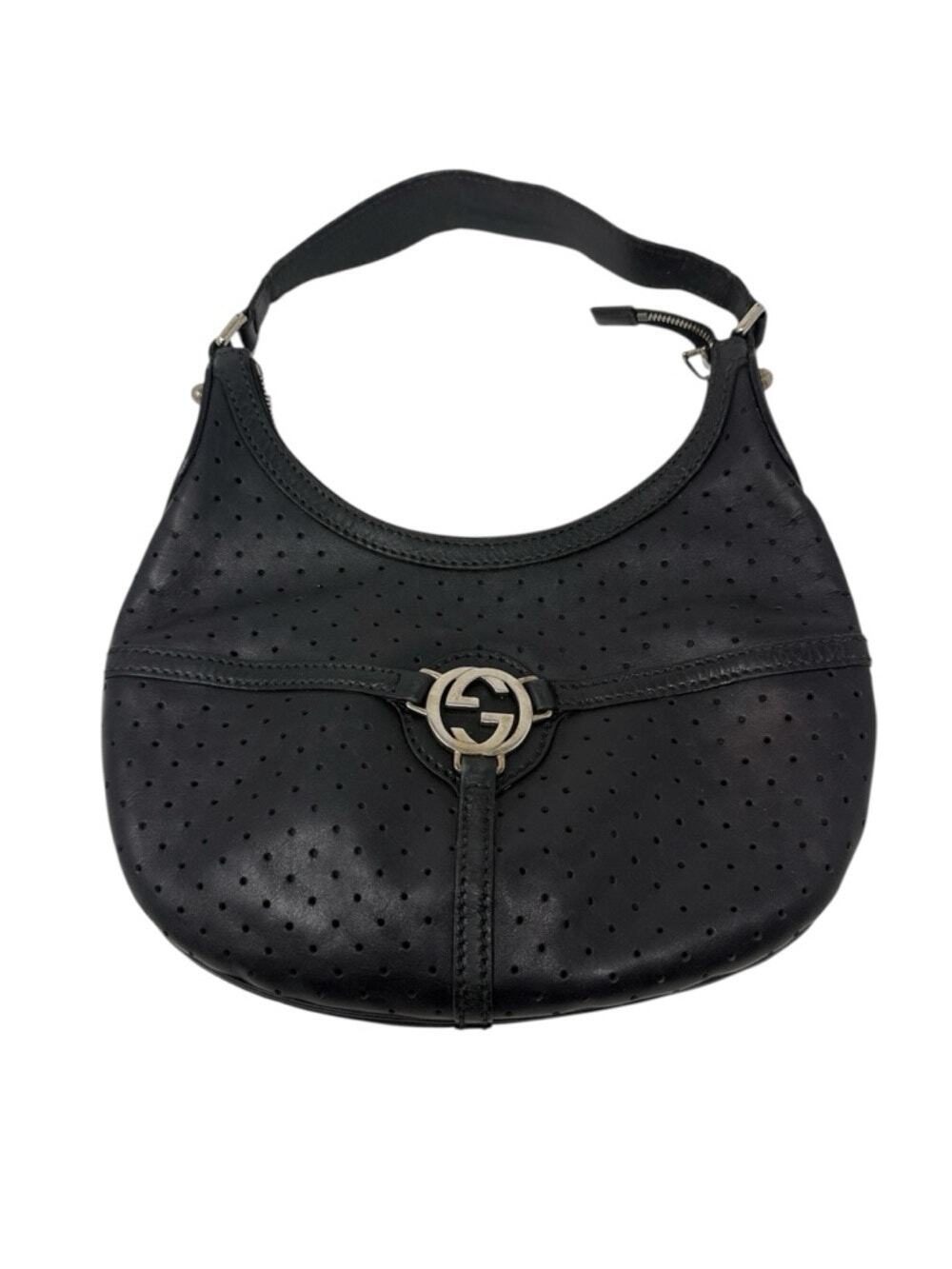 Gucci Reins Vintage Interlocking GG Perforated Leather Black Hobo Bag Purse